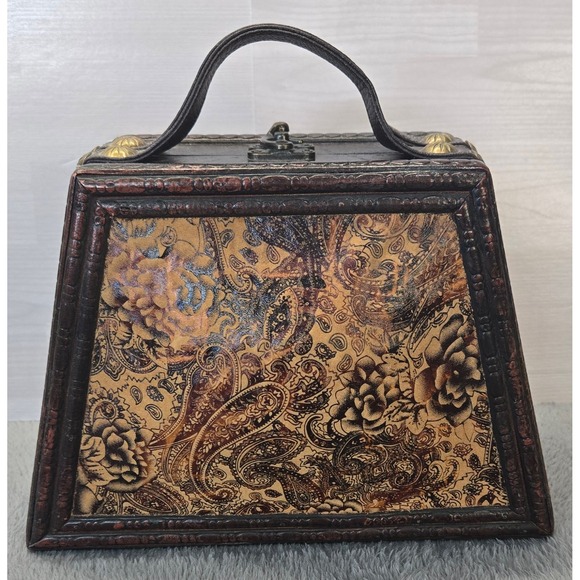 Vintage Style Wooden Box Bag Floral Paisley Print Hardware Top Handle Purse - Picture 5 of 5